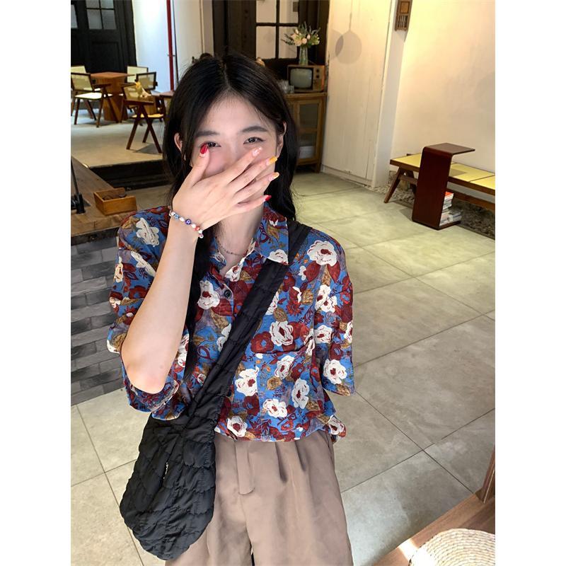 夏のレトロシャツ半袖トップスユニークシャツ 今っぽシアーシャツ 夏のレトロシャツ半袖トップスユニークシャツ 今っぽシアーシャツ