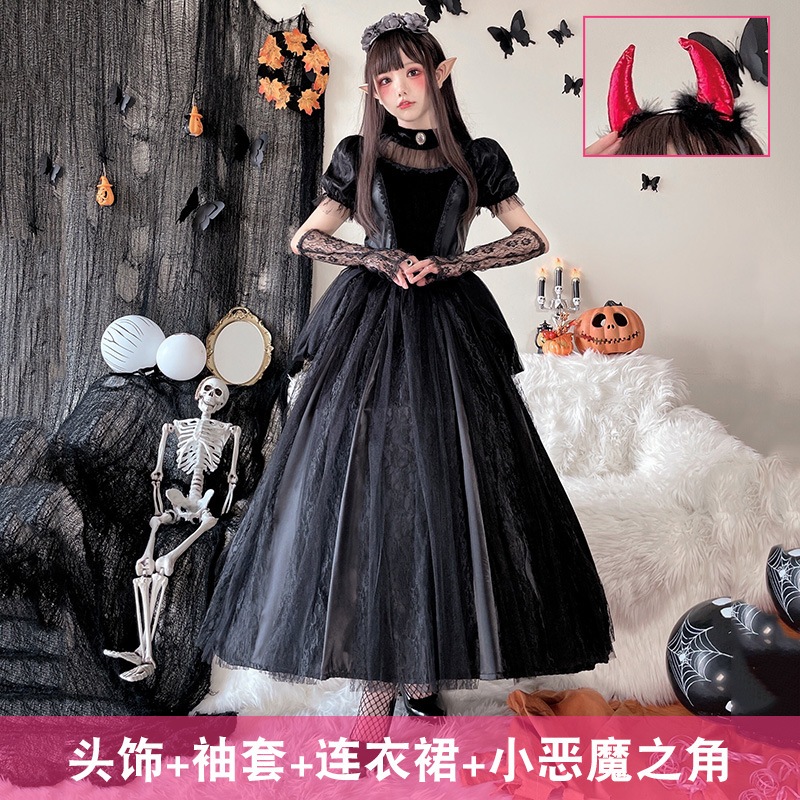 ハロウィン大人用コスチューム魔女ゴースト花嫁ゴシック吸血鬼コスプレロールプレイダークロングスカート