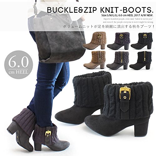 [ルームナイン] 太ヒール ニットデザイン スエード ショートブーツ ブーティー kk-1221
