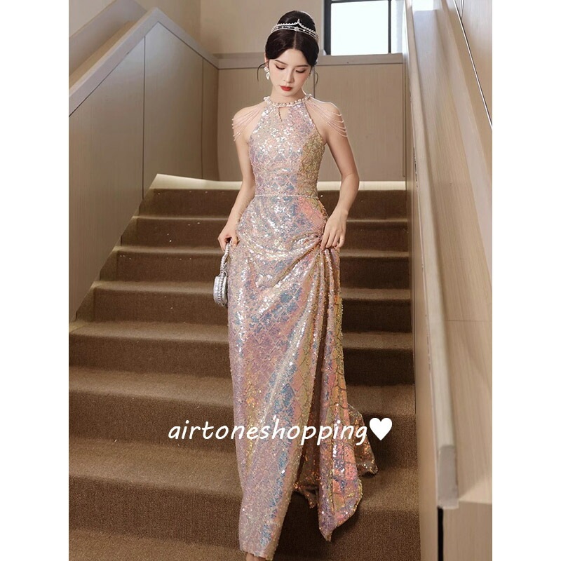 イブニングドレス ホルターネック ピンク キラキラドレス スパンコール