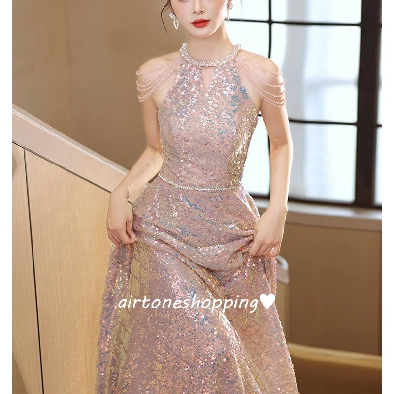 スパンコールがゴージャスなホルターネック イブニングドレス イブニングドレス ホルターネック オフショルダー パーティードレス
