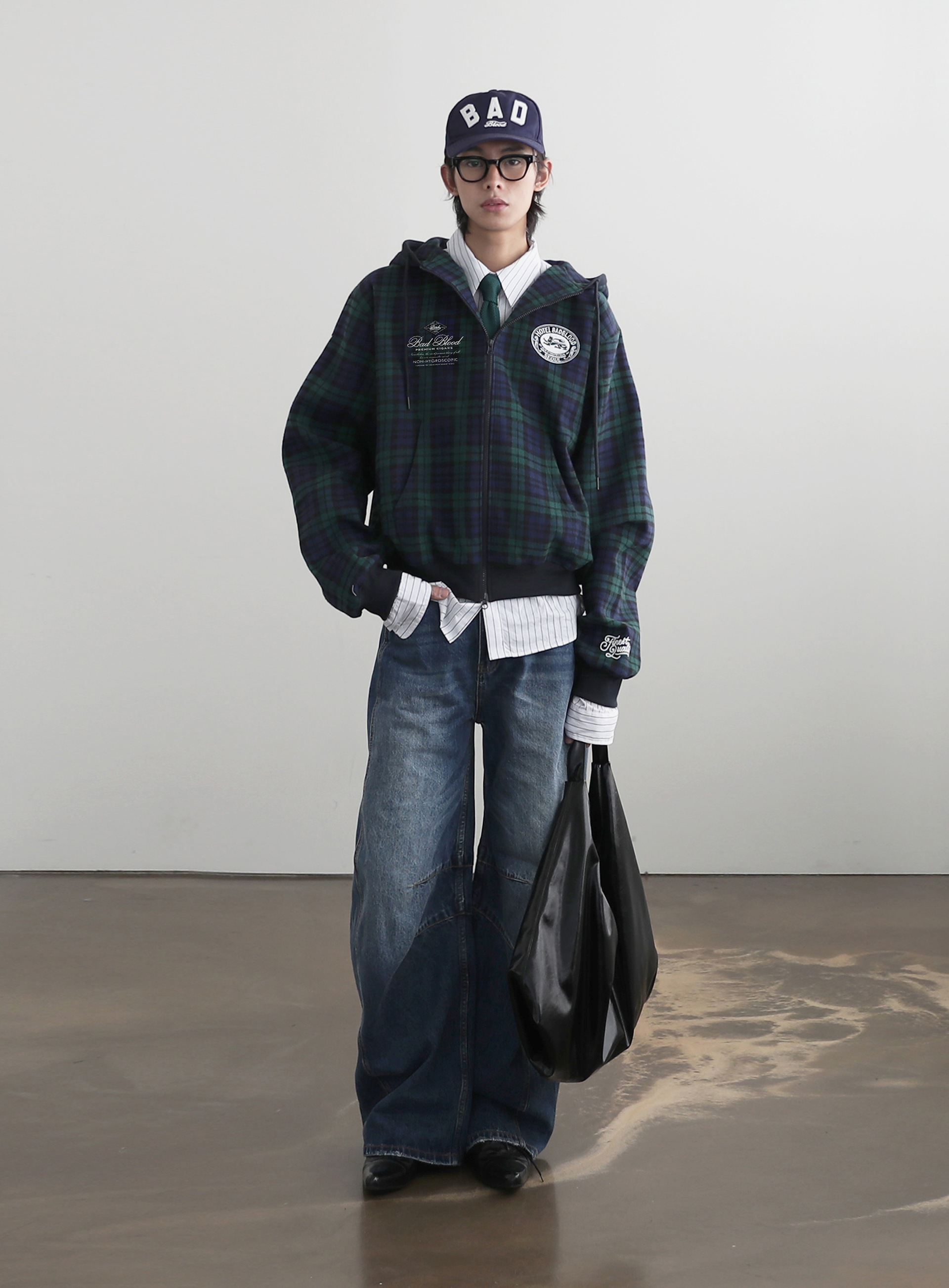 【BADBLOOD】 CLASSIC CHECK HOODED ZIP-UP : GREEN