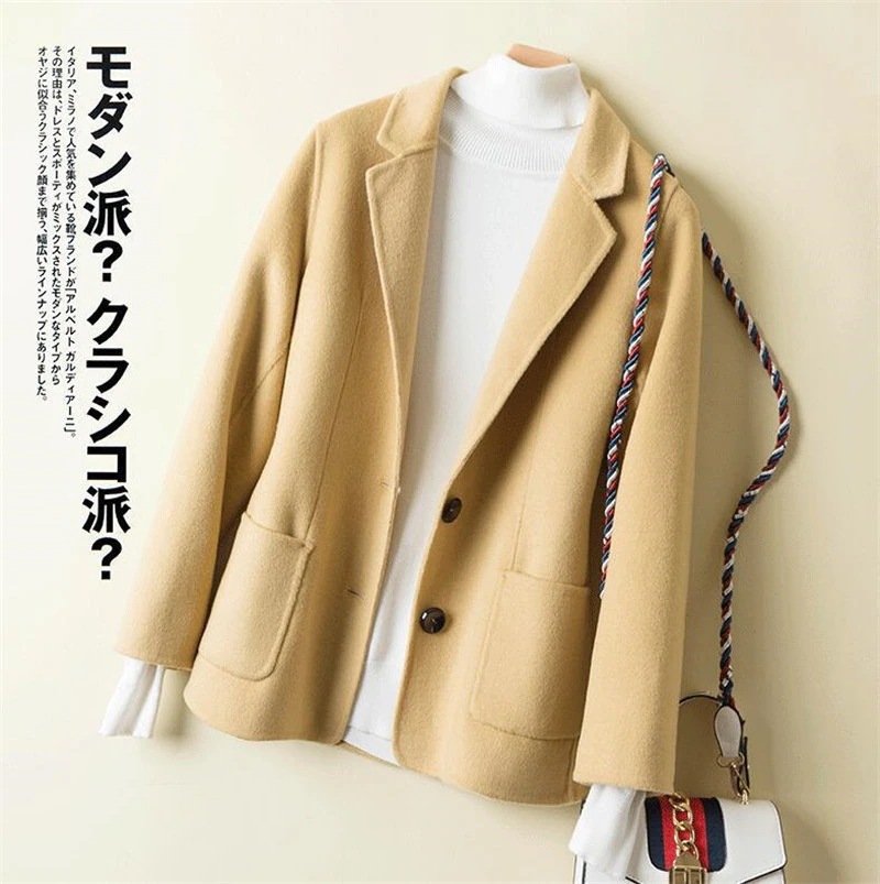 新作スモールスーツ両面ウールコートレディースレギュラースタイルスリムフィット背が高く薄いコート婦人服