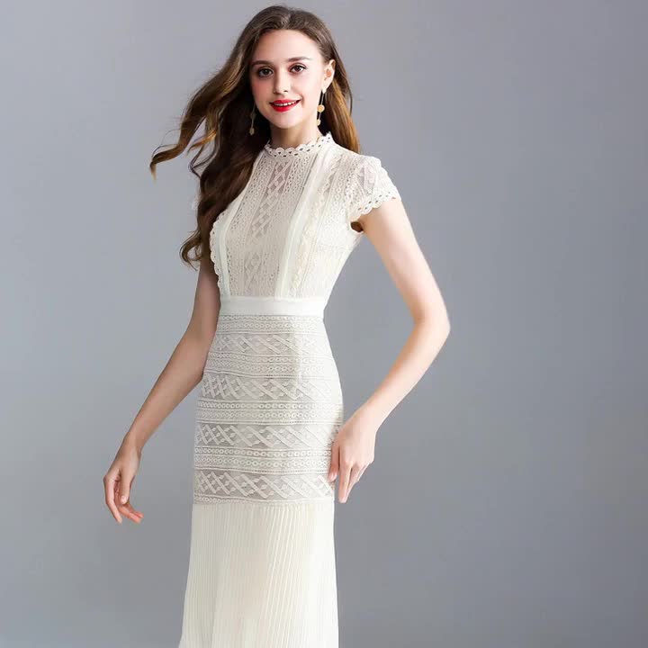 夏ワンピース 立て衿 レース プリーツ タイトスカート 無地 着痩せ 大人 エレガント タイト