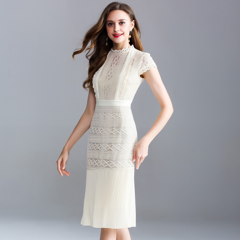 夏ワンピース 立て衿 レース プリーツ タイトスカート 無地 着痩せ 大人 エレガント タイト