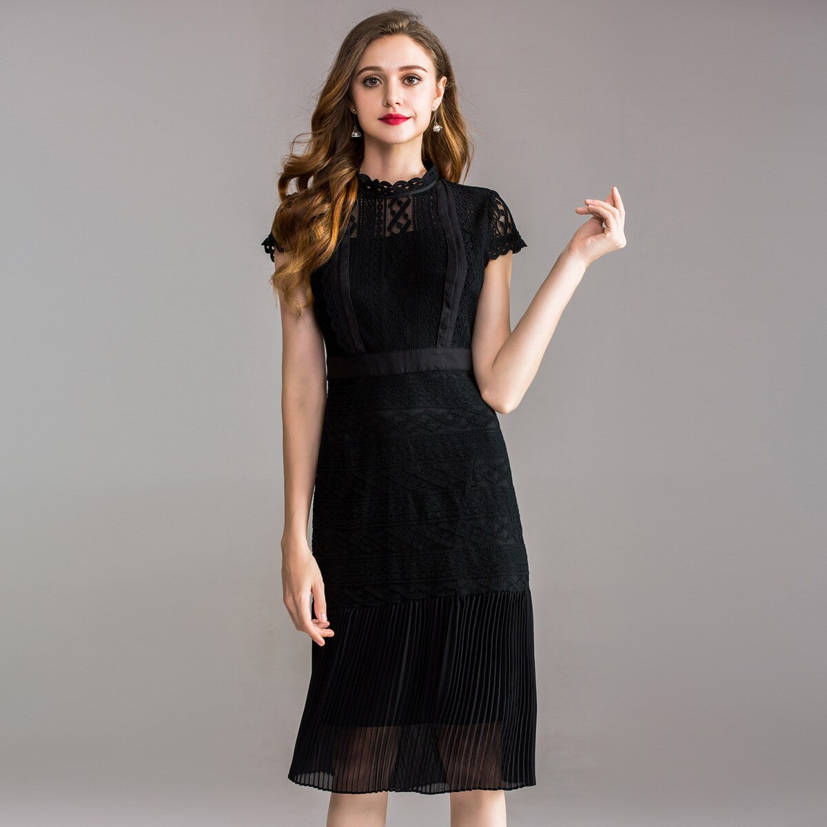 夏ワンピース 立て衿 レース プリーツ タイトスカート 無地 着痩せ 大人 エレガント タイト