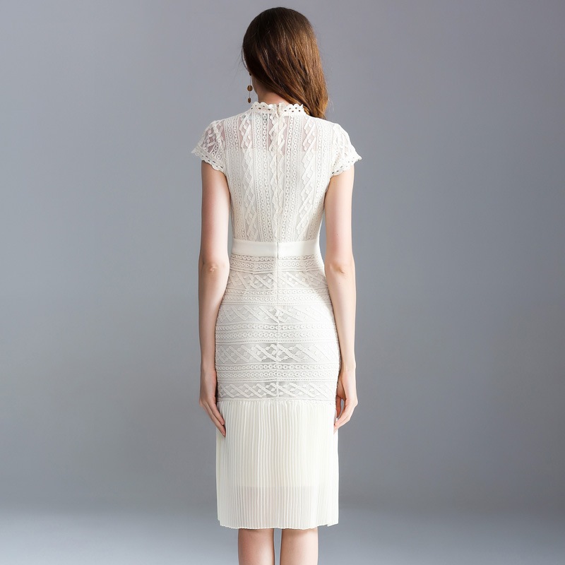 夏ワンピース 立て衿 レース プリーツ タイトスカート 無地 着痩せ 大人 エレガント タイト