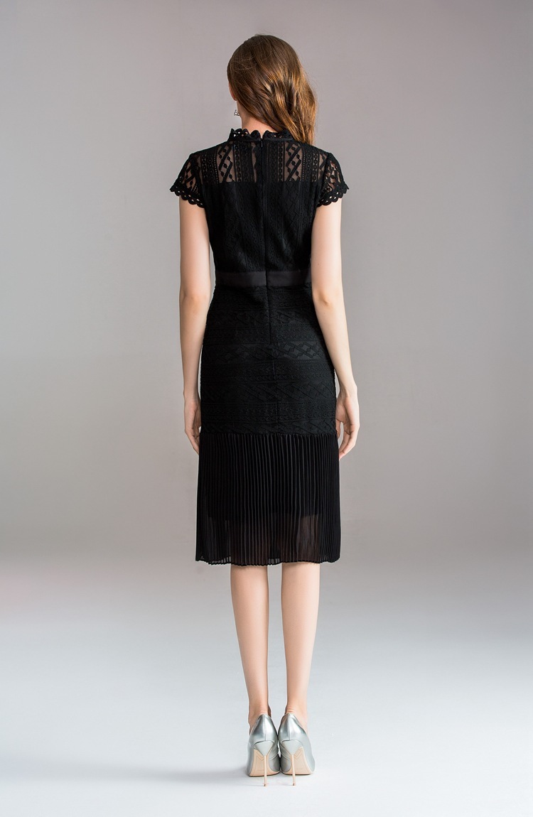 夏ワンピース 立て衿 レース プリーツ タイトスカート 無地 着痩せ 大人 エレガント タイト