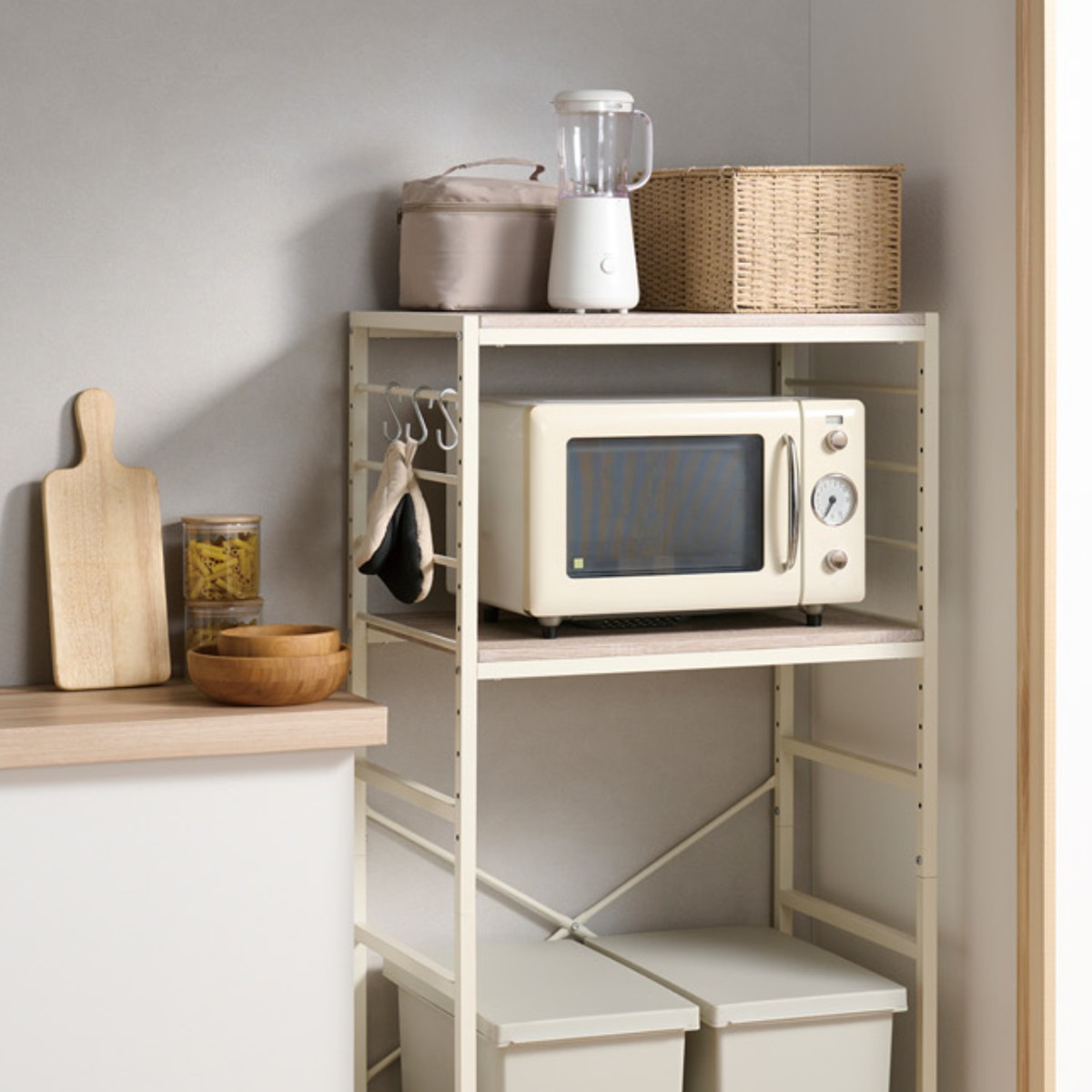 ゴミ箱上 レンジラック 幅64cm 可動棚 フック付 Like Vintage キッチンラック 電子レンジ ゴミ箱 収納 キッチン横 レンジボード 家電収納 ラック 棚 省スペース ごみ箱上