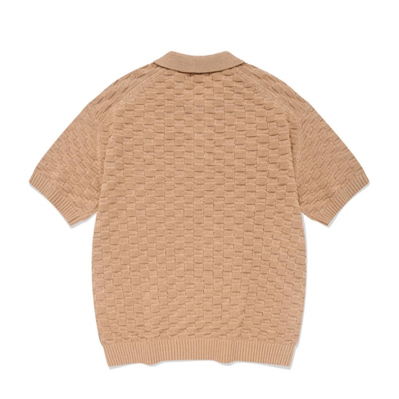 COVERNAT ブロックテクスチャカラーハーフニットサーモン