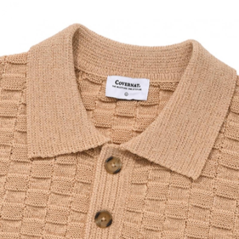 COVERNAT ブロックテクスチャカラーハーフニットサーモン