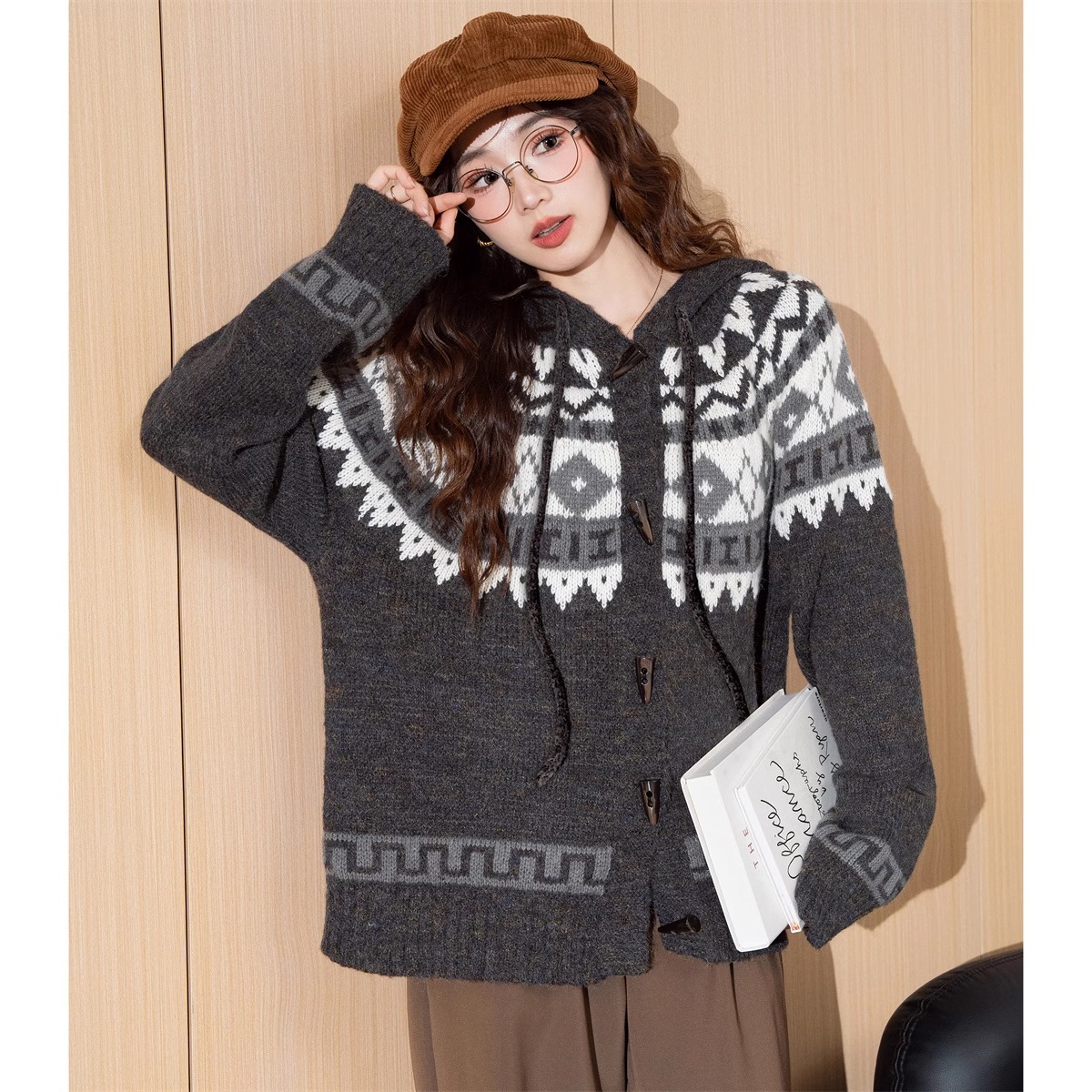 新しいフード付きカーディガンジャンパージャカードカーディガンジャケットカレッジスタイル万能学生セーター 新しいフード付きカーディガンジャンパージャカードカーディガンジャケットカレッジスタイル万能学生セーター