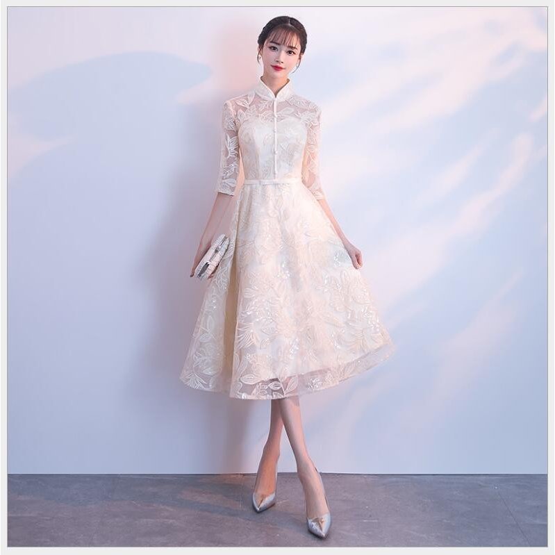 立ち襟 ミモレ丈 ウエディングドレス aラインワンピース パーディードレス 結婚式 披露宴 二次会 立ち襟 ミモレ丈 ウエディングドレス aラインワンピース パーディードレス 結婚式 披露宴 二次会