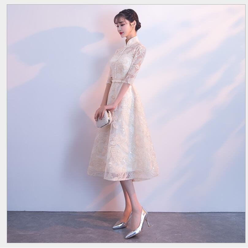 立ち襟 ミモレ丈 ウエディングドレス aラインワンピース パーディードレス 結婚式 披露宴 二次会 立ち襟 ミモレ丈 ウエディングドレス aラインワンピース パーディードレス 結婚式 披露宴 二次会