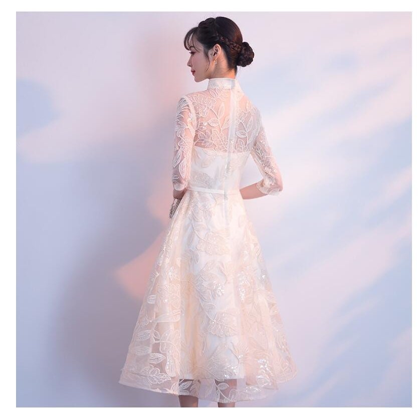 立ち襟 ミモレ丈 ウエディングドレス aラインワンピース パーディードレス 結婚式 披露宴 二次会 立ち襟 ミモレ丈 ウエディングドレス aラインワンピース パーディードレス 結婚式 披露宴 二次会