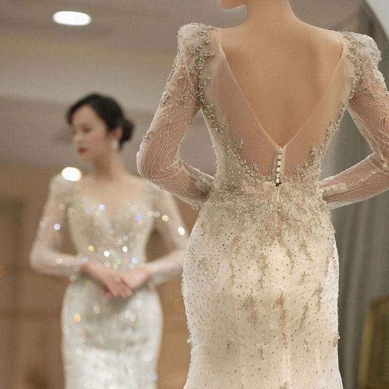 韓国風 結婚式 袖あり 2025宴会結婚パーティーイブニングドレス女性気質宴会司会者ワンピース ドレス パーティードレス