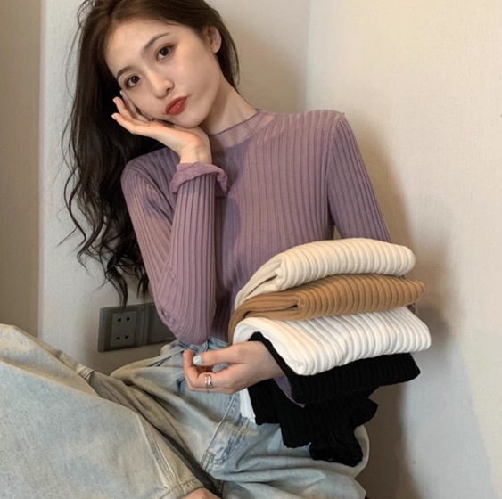 トップス レディース ニット セーター 袖あり 長袖 ラウンドネック 襟なし ショート丈 かわいい 大人可愛い きれいめ シンプル カジュアル 大人 RUIRUE BOUTIQUE レディース 長袖 ニット トップス ボリューム袖