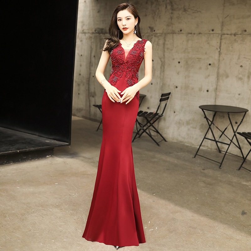 ドレス 衣装 イブニングドレス ロングドレス ノースリーブドレス ロング丈 異素材ミックス 刺繡 胸元 タイト フィッシュテール シースルー ステージドレス 発表会 かわいい 大人可愛い きれいめ