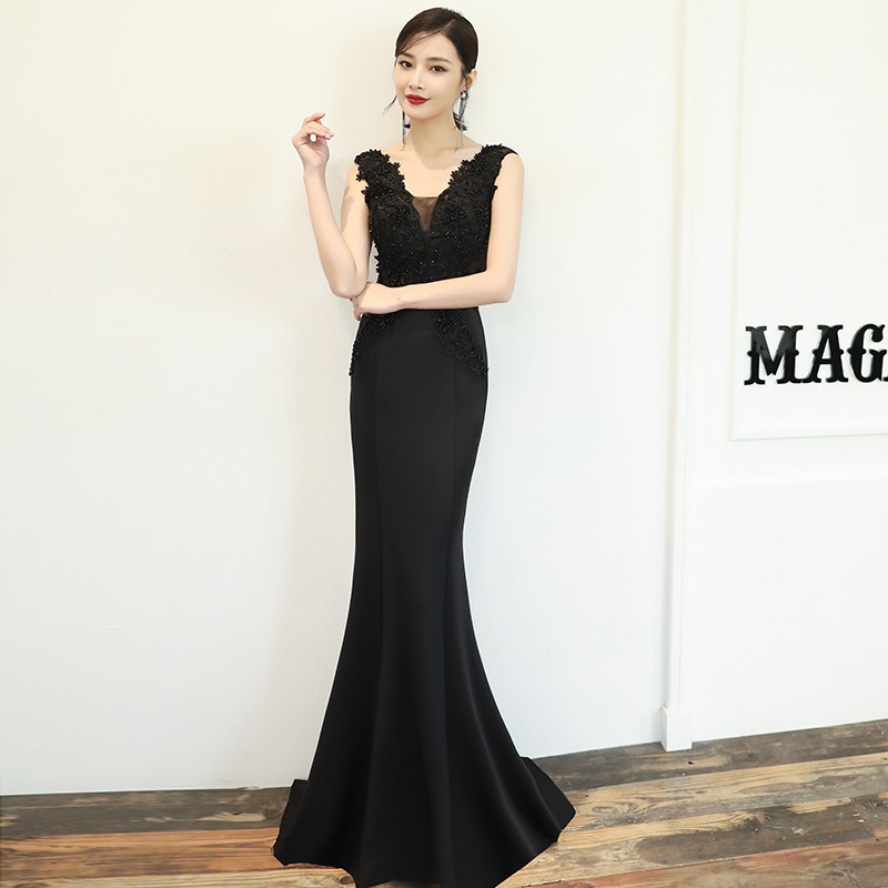 ドレス 衣装 イブニングドレス ロングドレス ノースリーブドレス ロング丈 異素材ミックス 刺繡 胸元 タイト フィッシュテール シースルー ステージドレス 発表会 かわいい 大人可愛い きれいめ