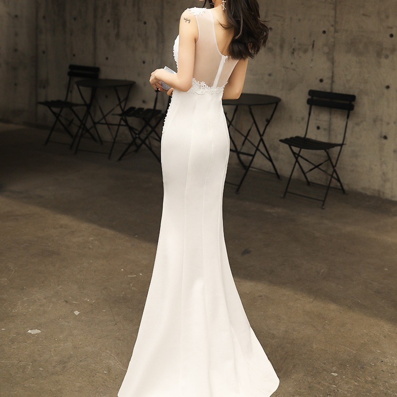 ドレス 衣装 イブニングドレス ロングドレス ノースリーブドレス ロング丈 異素材ミックス 刺繡 胸元 タイト フィッシュテール シースルー ステージドレス 発表会 かわいい 大人可愛い きれいめ