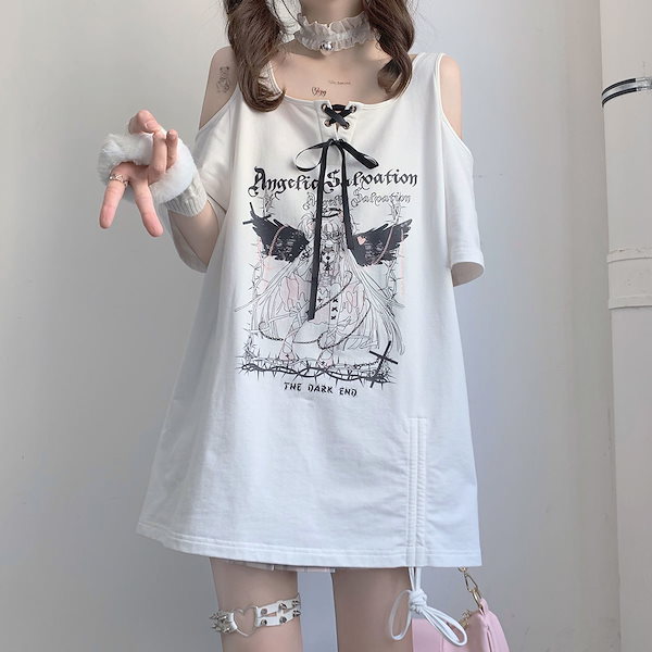 Qoo10] 肩出し Tシャツ トップス 地雷 ギャル