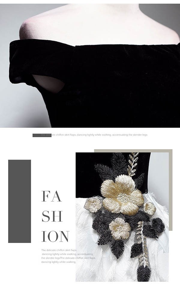 ドレス ミモレ丈 大人 ピアノ 発表会 ドレス 演奏会 ミディアムドレス 袖あり オフショルダー ベロア コサージュ 羽 上品 パーディードレス Aライン フォーマル 小さいサイズ ファスナー 可愛い