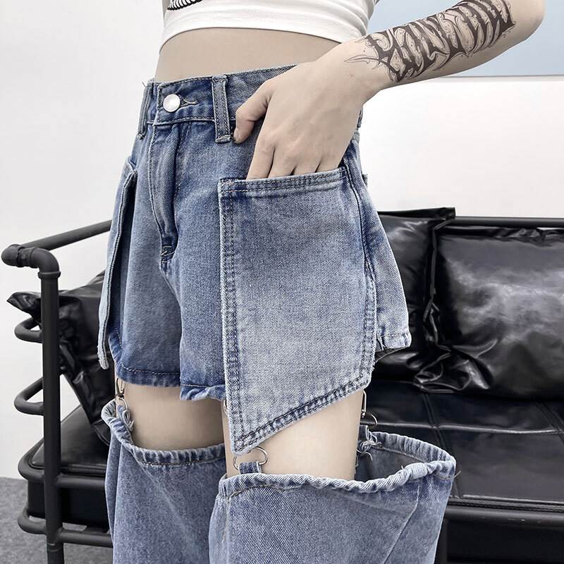 パンツ レディース デニム ショートパンツ レッグウォーマー 2way 取り外し可能 個性的 ハイウエスト 青 XS S M L XL 春 夏 秋 おしゃれ 大人可愛い クール かっこいい