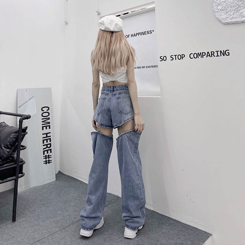 パンツ レディース デニム ショートパンツ レッグウォーマー 2way 取り外し可能 個性的 ハイウエスト 青 XS S M L XL 春 夏 秋 おしゃれ 大人可愛い クール かっこいい