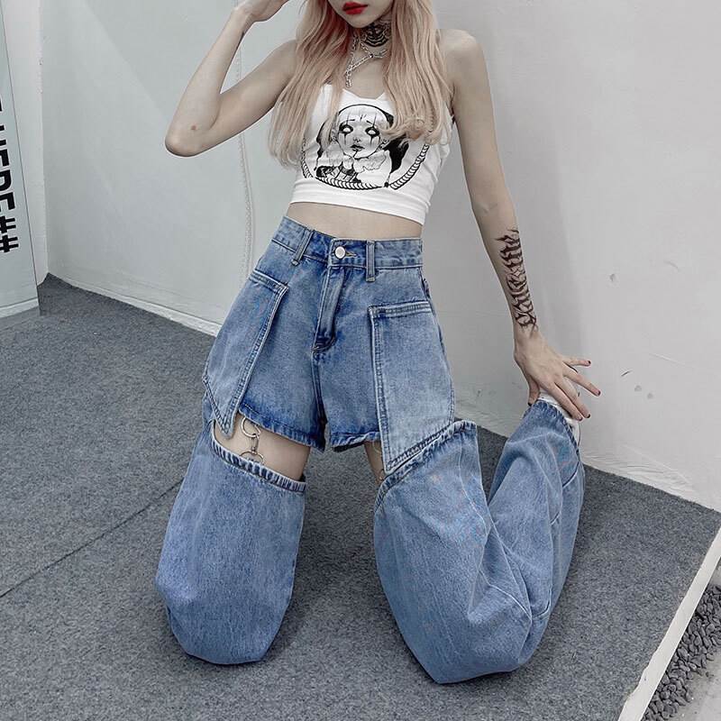 パンツ レディース デニム ショートパンツ レッグウォーマー 2way 取り外し可能 個性的 ハイウエスト 青 XS S M L XL 春 夏 秋 おしゃれ 大人可愛い クール かっこいい