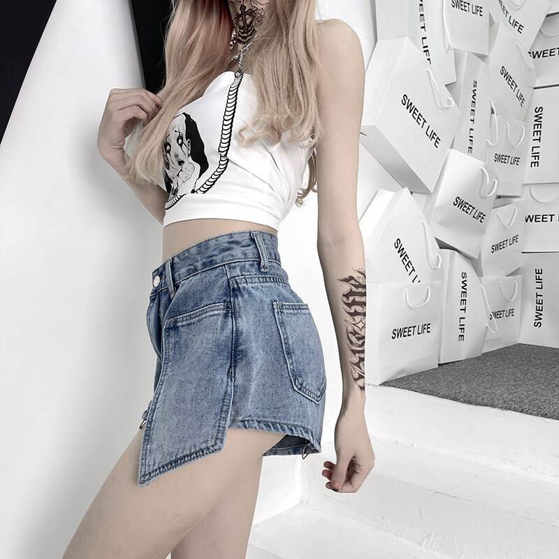 パンツ レディース デニム ショートパンツ レッグウォーマー 2way 取り外し可能 個性的 ハイウエスト 青 XS S M L XL 春 夏 秋 おしゃれ 大人可愛い クール かっこいい