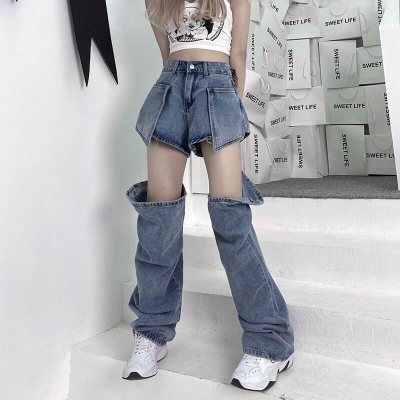 パンツ レディース デニム ショートパンツ レッグウォーマー 2way 取り外し可能 個性的 ハイウエスト 青 XS S M L XL 春 夏 秋 おしゃれ 大人可愛い クール かっこいい