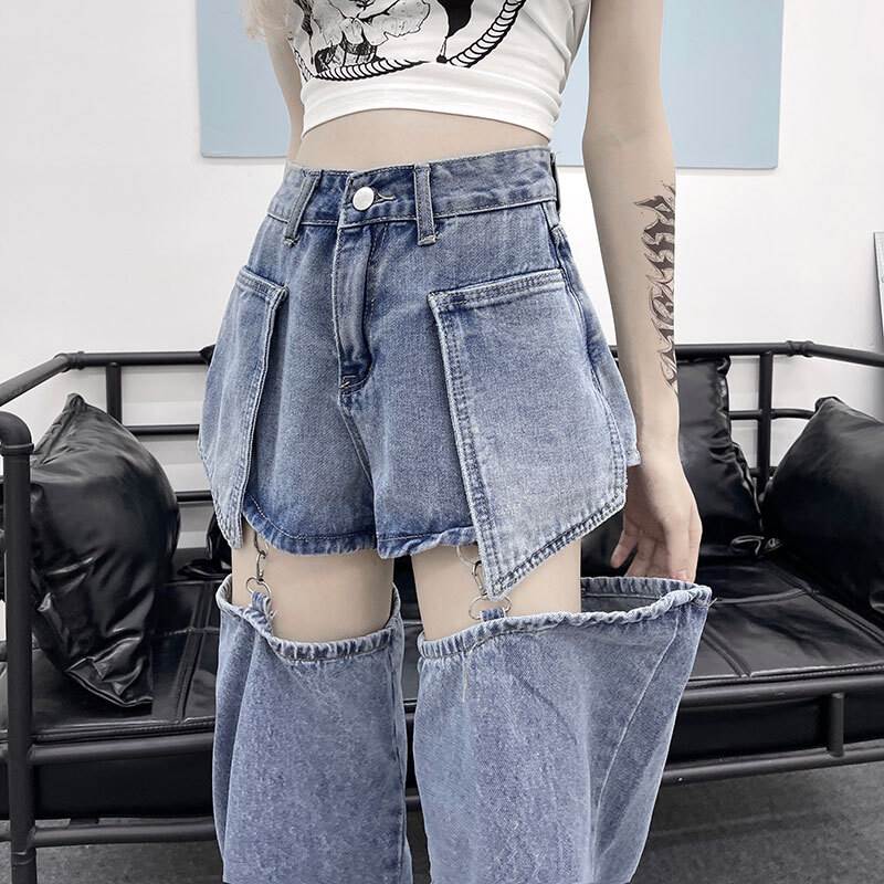 パンツ レディース デニム ショートパンツ レッグウォーマー 2way 取り外し可能 個性的 ハイウエスト 青 XS S M L XL 春 夏 秋 おしゃれ 大人可愛い クール かっこいい