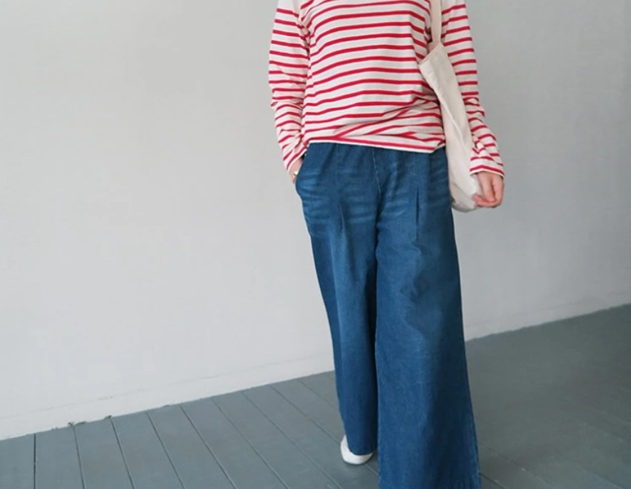 レディース パンツ ボトムス Gパン ワイドパンツ ロング ワイド 裾ワイド ポケット ウェストゴム デニム ブルーデニム 中厚手 かわいい 大人可愛い シンプル カジュアル おしゃれ かっこいい