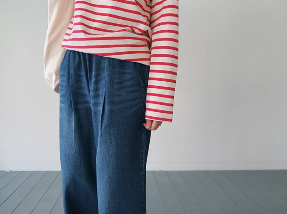 レディース パンツ ボトムス Gパン ワイドパンツ ロング ワイド 裾ワイド ポケット ウェストゴム デニム ブルーデニム 中厚手 かわいい 大人可愛い シンプル カジュアル おしゃれ かっこいい