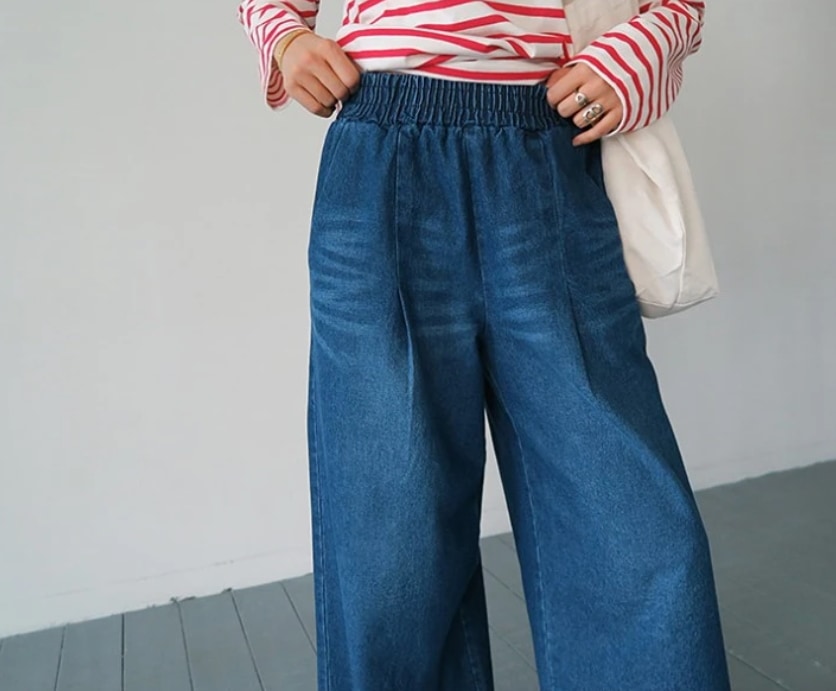 レディース パンツ ボトムス Gパン ワイドパンツ ロング ワイド 裾ワイド ポケット ウェストゴム デニム ブルーデニム 中厚手 かわいい 大人可愛い シンプル カジュアル おしゃれ かっこいい