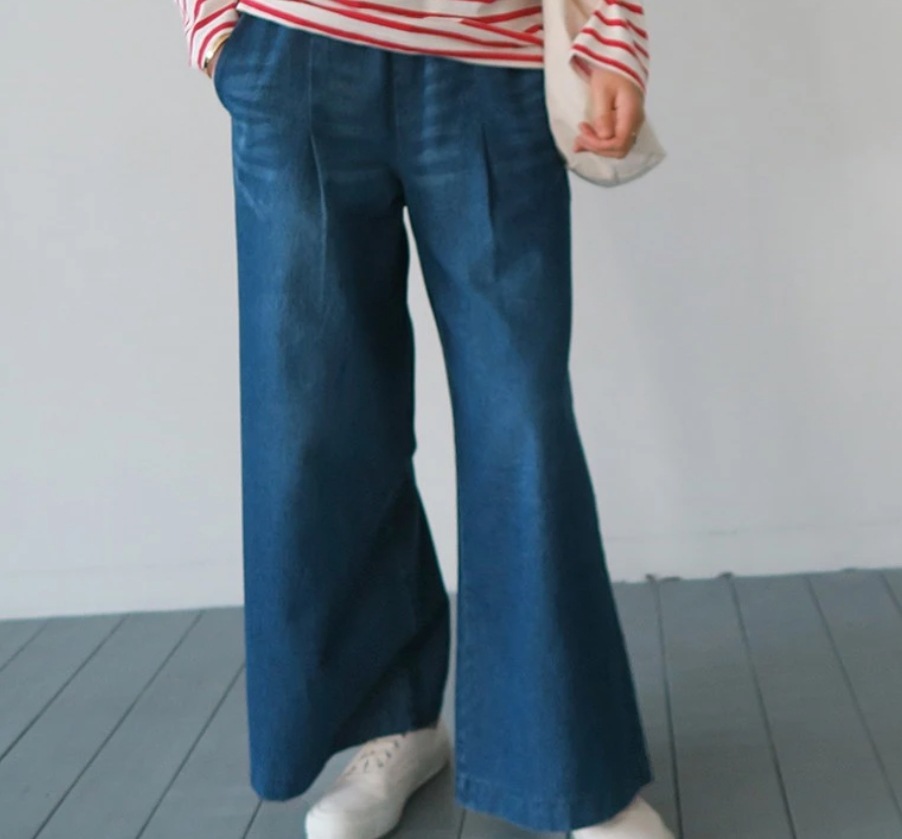 レディース パンツ ボトムス Gパン ワイドパンツ ロング ワイド 裾ワイド ポケット ウェストゴム デニム ブルーデニム 中厚手 かわいい 大人可愛い シンプル カジュアル おしゃれ かっこいい