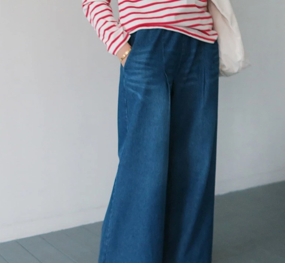 レディース パンツ ボトムス Gパン ワイドパンツ ロング ワイド 裾ワイド ポケット ウェストゴム デニム ブルーデニム 中厚手 かわいい 大人可愛い シンプル カジュアル おしゃれ かっこいい