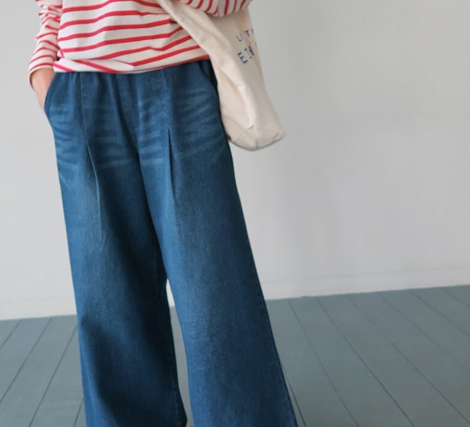 レディース パンツ ボトムス Gパン ワイドパンツ ロング ワイド 裾ワイド ポケット ウェストゴム デニム ブルーデニム 中厚手 かわいい 大人可愛い シンプル カジュアル おしゃれ かっこいい