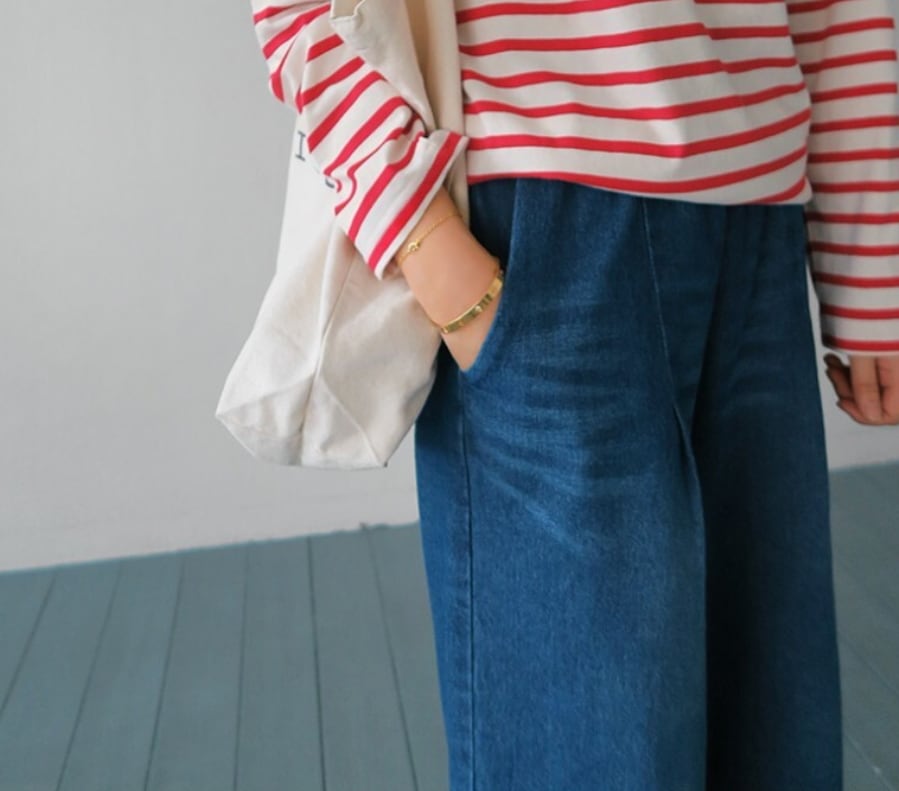 レディース パンツ ボトムス Gパン ワイドパンツ ロング ワイド 裾ワイド ポケット ウェストゴム デニム ブルーデニム 中厚手 かわいい 大人可愛い シンプル カジュアル おしゃれ かっこいい