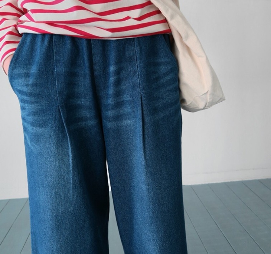 レディース パンツ ボトムス Gパン ワイドパンツ ロング ワイド 裾ワイド ポケット ウェストゴム デニム ブルーデニム 中厚手 かわいい 大人可愛い シンプル カジュアル おしゃれ かっこいい
