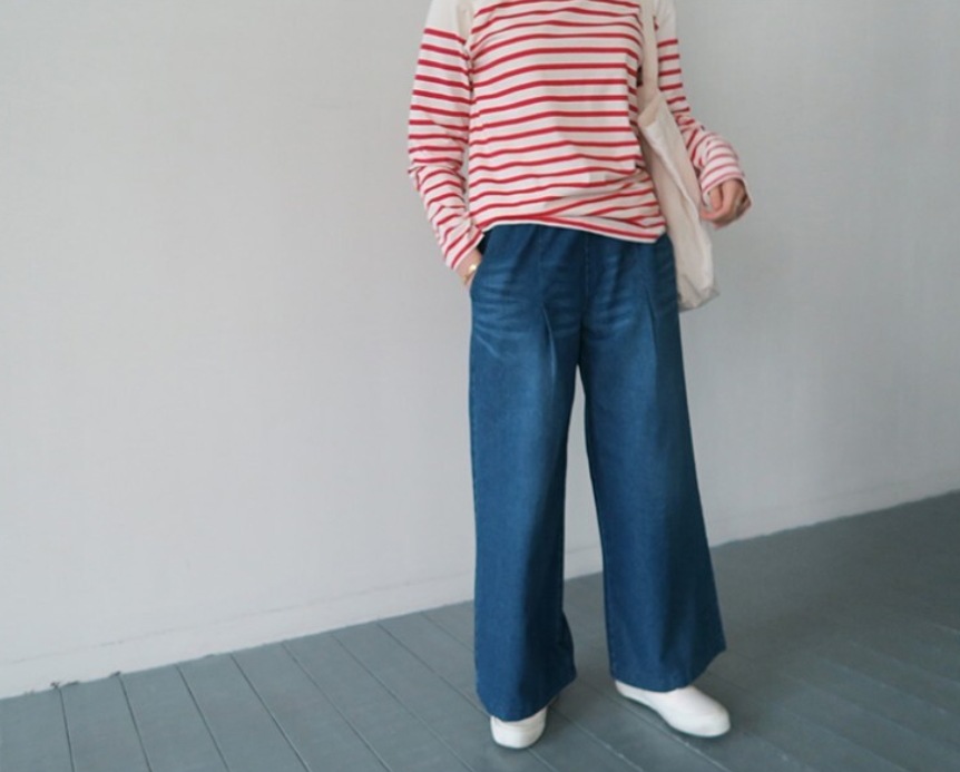 レディース パンツ ボトムス Gパン ワイドパンツ ロング ワイド 裾ワイド ポケット ウェストゴム デニム ブルーデニム 中厚手 かわいい 大人可愛い シンプル カジュアル おしゃれ かっこいい