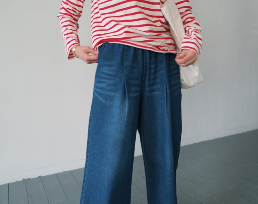 レディース パンツ ボトムス Gパン ワイドパンツ ロング ワイド 裾ワイド ポケット ウェストゴム デニム ブルーデニム 中厚手 かわいい 大人可愛い シンプル カジュアル おしゃれ かっこいい