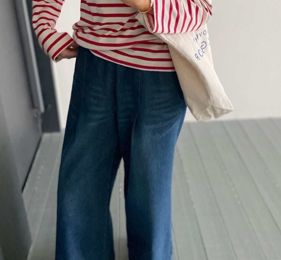 レディース パンツ ボトムス Gパン ワイドパンツ ロング ワイド 裾ワイド ポケット ウェストゴム デニム ブルーデニム 中厚手 かわいい 大人可愛い シンプル カジュアル おしゃれ かっこいい
