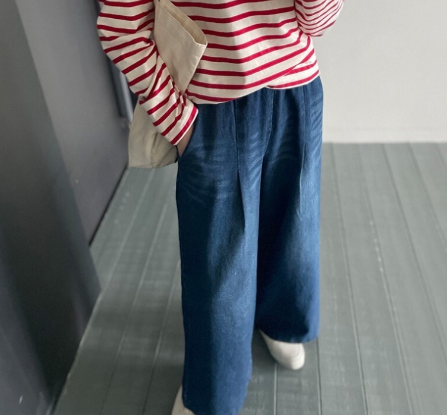 レディース パンツ ボトムス Gパン ワイドパンツ ロング ワイド 裾ワイド ポケット ウェストゴム デニム ブルーデニム 中厚手 かわいい 大人可愛い シンプル カジュアル おしゃれ かっこいい