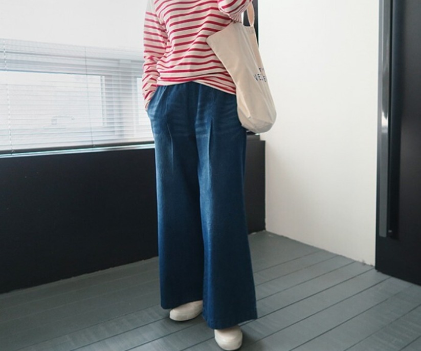 レディース パンツ ボトムス Gパン ワイドパンツ ロング ワイド 裾ワイド ポケット ウェストゴム デニム ブルーデニム 中厚手 かわいい 大人可愛い シンプル カジュアル おしゃれ かっこいい