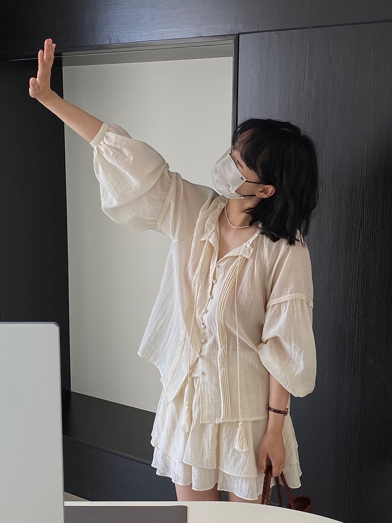 ニップルスーツヘビーアコーディオンプリーツランタンスリーブシャツ + 女性用二重層ショートキュロット 1085