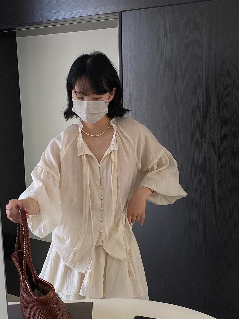 ニップルスーツヘビーアコーディオンプリーツランタンスリーブシャツ + 女性用二重層ショートキュロット 1085