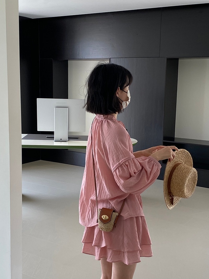 ニップルスーツヘビーアコーディオンプリーツランタンスリーブシャツ + 女性用二重層ショートキュロット 1085