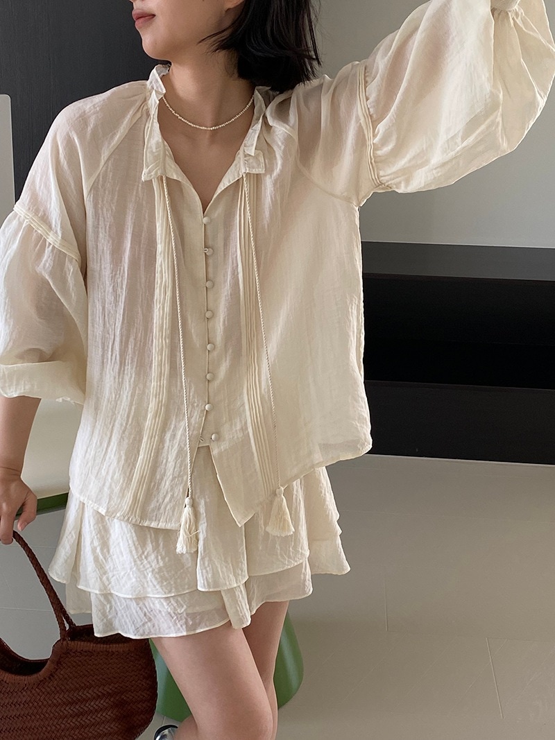 ニップルスーツヘビーアコーディオンプリーツランタンスリーブシャツ + 女性用二重層ショートキュロット 1085