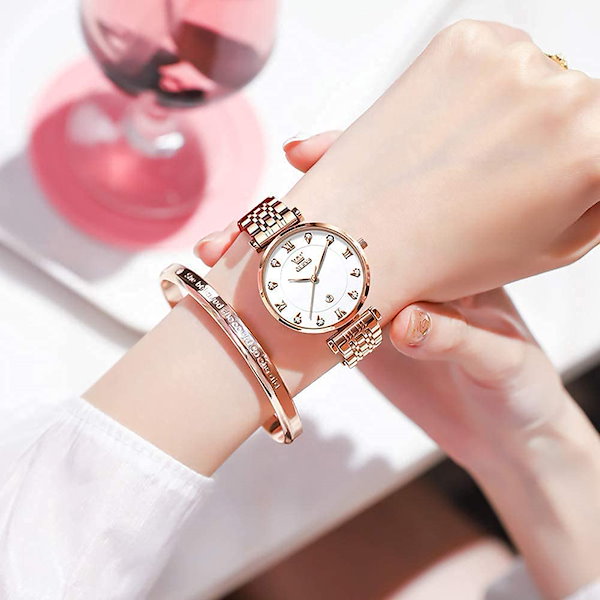 腕時計 レディース 大きめ文字盤 人気うで時計 シンプル 見やすい 日本クオーツ カジュアル 日付 防水 ピンクゴールド 模造ダイヤ文字盤 彼女  プレゼント ギフト